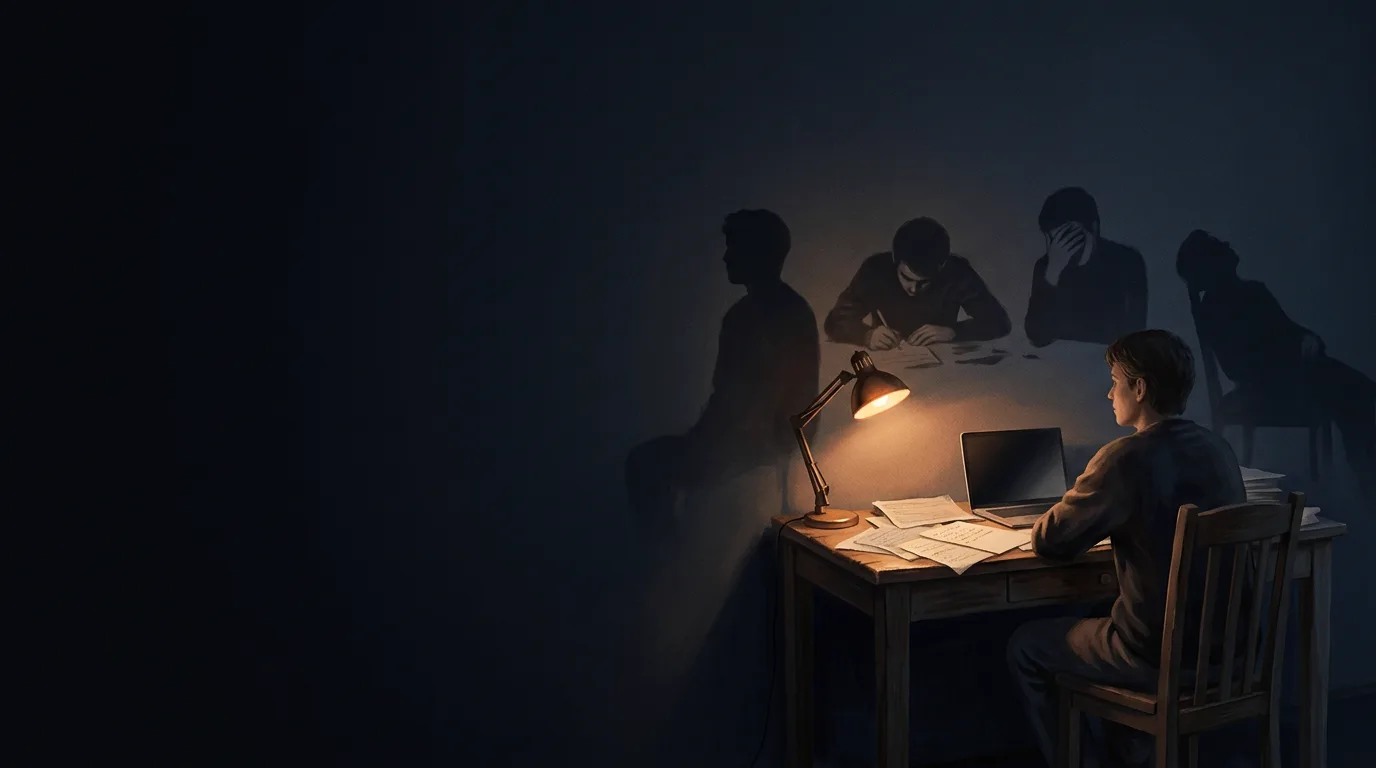 A person working late at a desk lamp while their shadow on the wall splits into four: one turned away, one hunched over the work, one hiding its face, one slumped back exhausted.