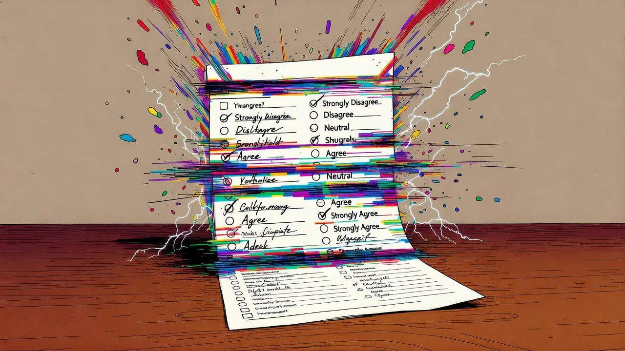 Personality test answer sheet with shifting checkboxes and colorful creative energy radiating outward