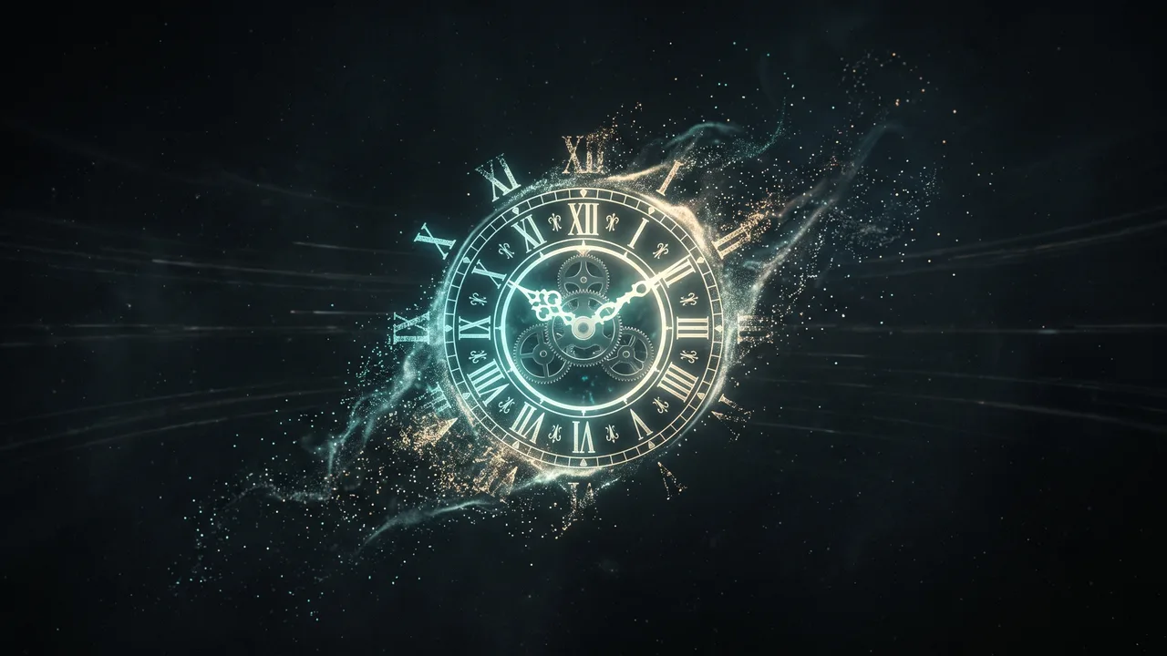 A glowing clock face whose center stays sharp while its outer ring of numerals dissolves into drifting particles, with faint streaks of light passing across the dark background