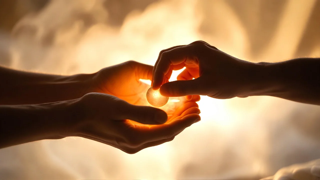 Two pairs of hands exchanging a small glowing golden light, symbolizing trust and cooperation