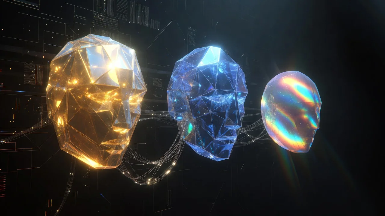 Three distinct AI entities as luminous geometric faces - warm golden, cool blue, and iridescent - connected by data streams