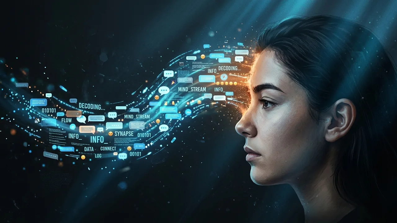 A human face in profile dissolving into a stream of chat bubbles and glowing data points, suggesting personality being decoded from text