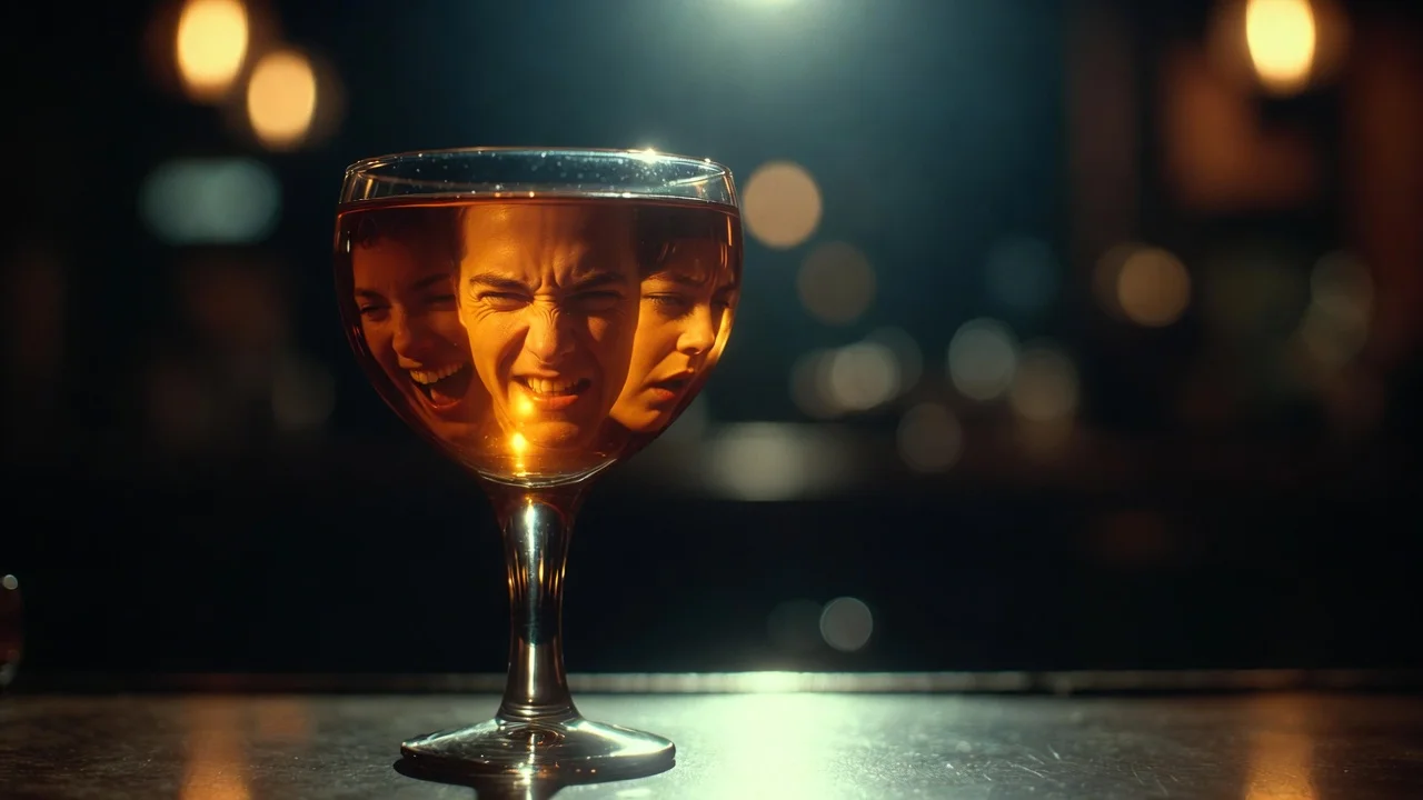 Cocktail glass refracting a face into multiple emotional expressions on a dark bar surface