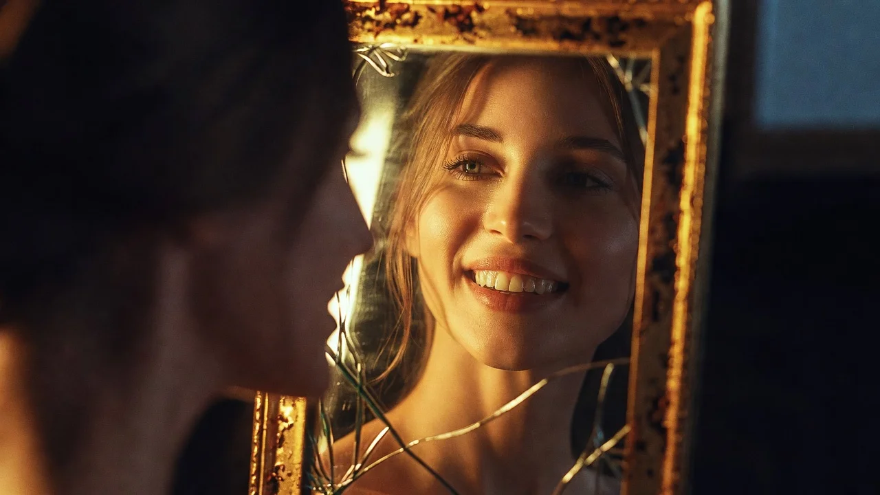 Woman captivated by her radiant reflection in a cracked golden mirror