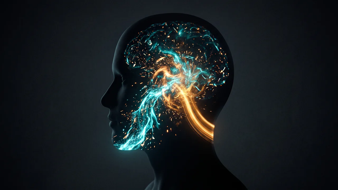 A dark head in profile with two luminous currents inside it, one teal and scattering into sparks, one amber and flowing in a single steady channel