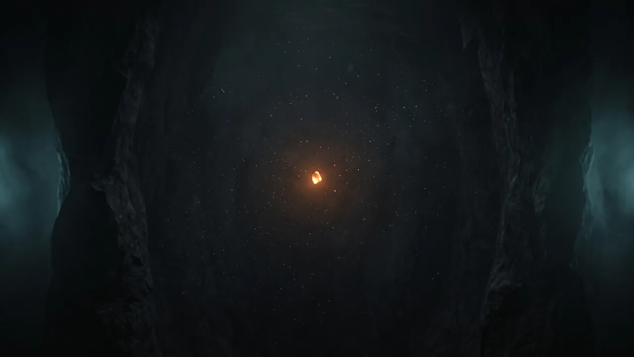 A single small ember glowing in the middle of a vast dark chamber, its light too faint to reach the walls, with cold particles drifting around it