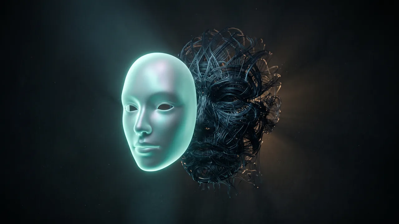 A smooth, calm mint-lit mask floating in front of a darker, intricately tangled face made of filaments, with a narrow gap of shadow between them