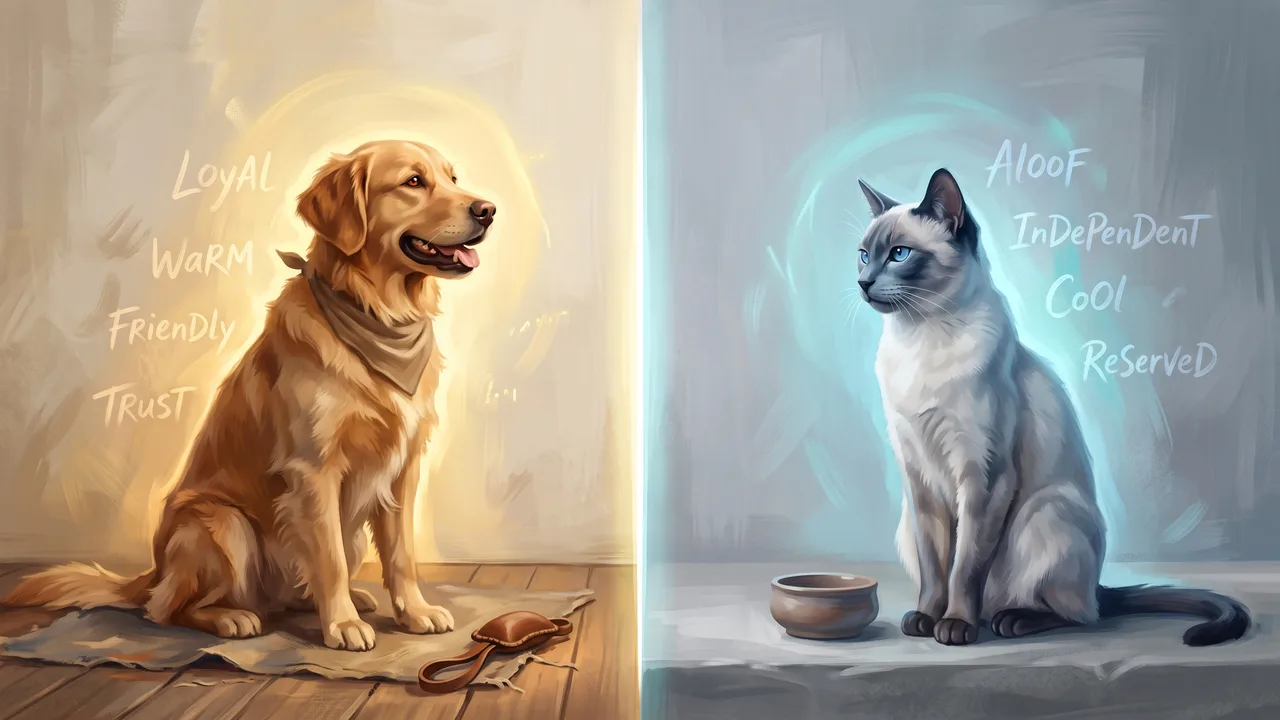 A loyal dog in warm golden light facing an aloof cat in cool blue light, illustrating two different temperaments