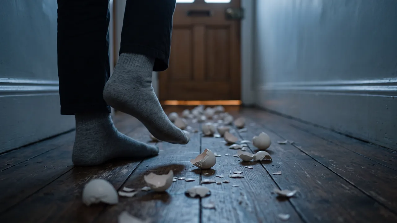 Feet in grey socks stepping carefully between broken eggshells along a dim hallway toward a closed door with light under it