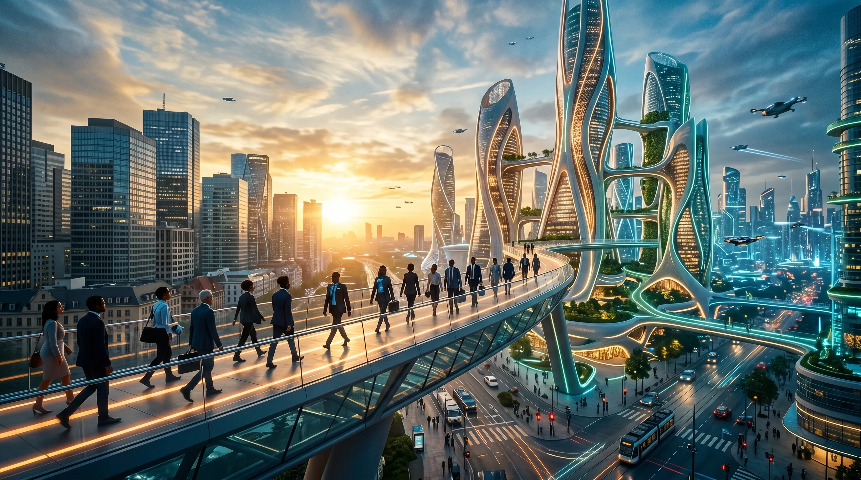 Futuristic cityscape at dawn with professionals walking between traditional and AI-integrated buildings