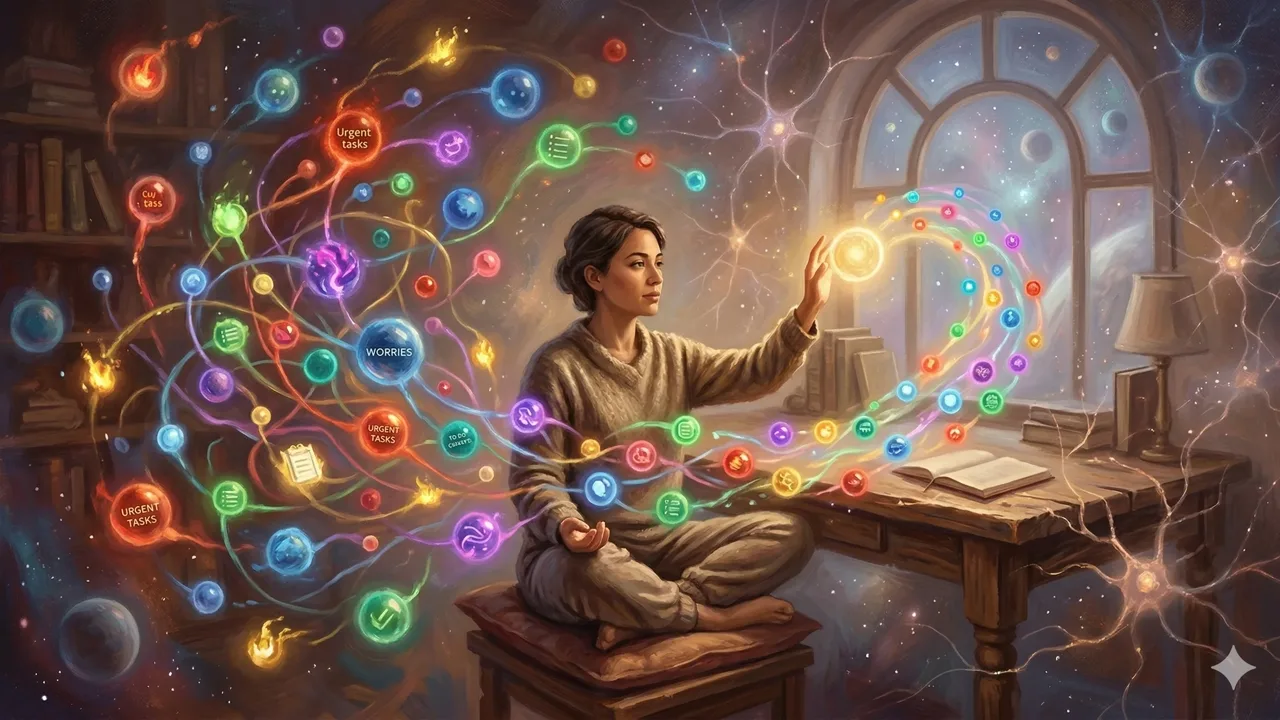 Cinematic illustration representing Internal Family Systems therapy applied to the ADHD mind, showing a person surrounded by colorful thought-orbs finding calm through Self-energy