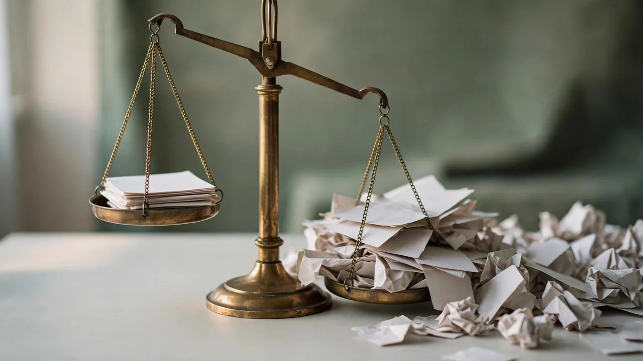 A brass balance scale tipped heavily to one side: a small neat stack of documents in the raised pan, a large overflowing drift of crumpled paper in the lowered one