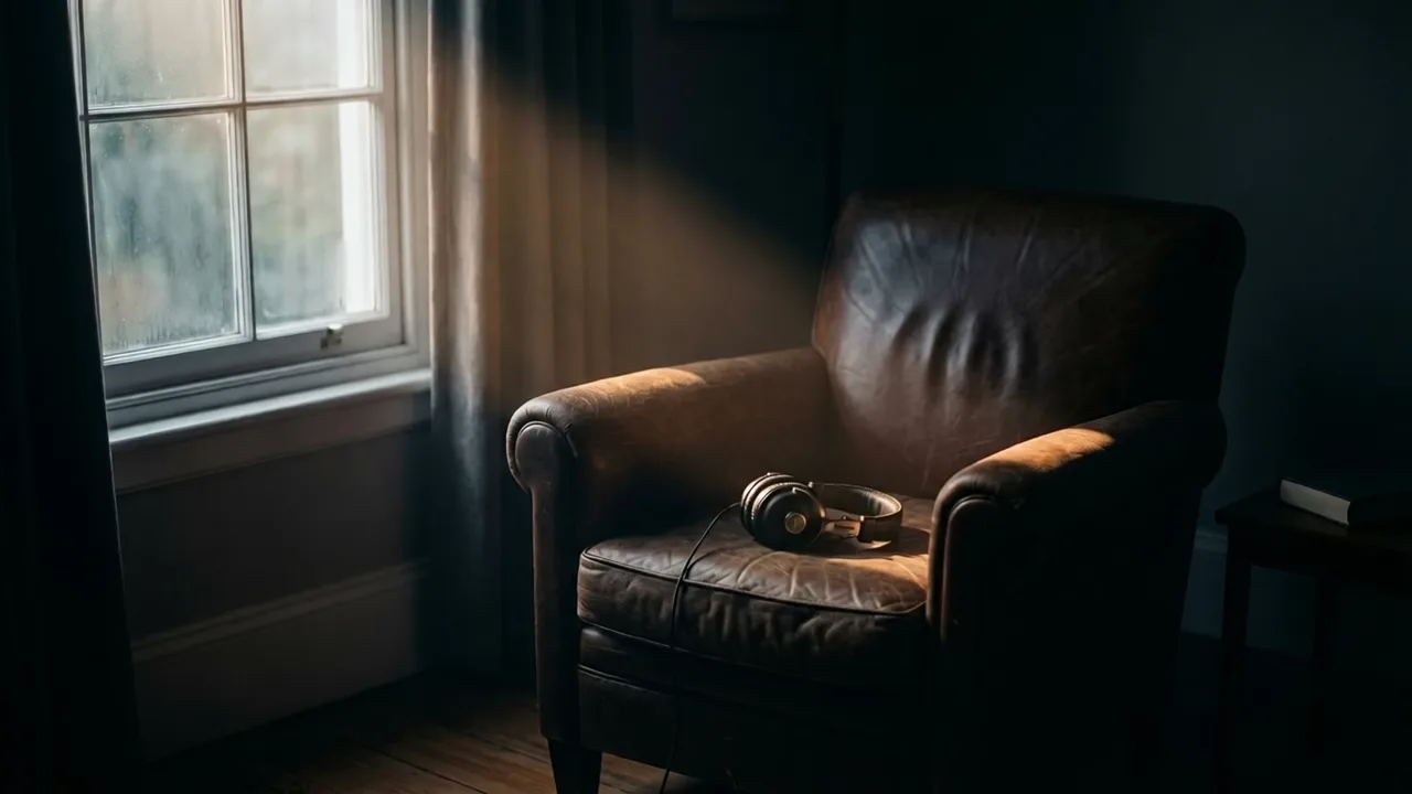 An empty leather armchair beside a window in a darkened room, headphones resting on the seat, morning light falling across one arm
