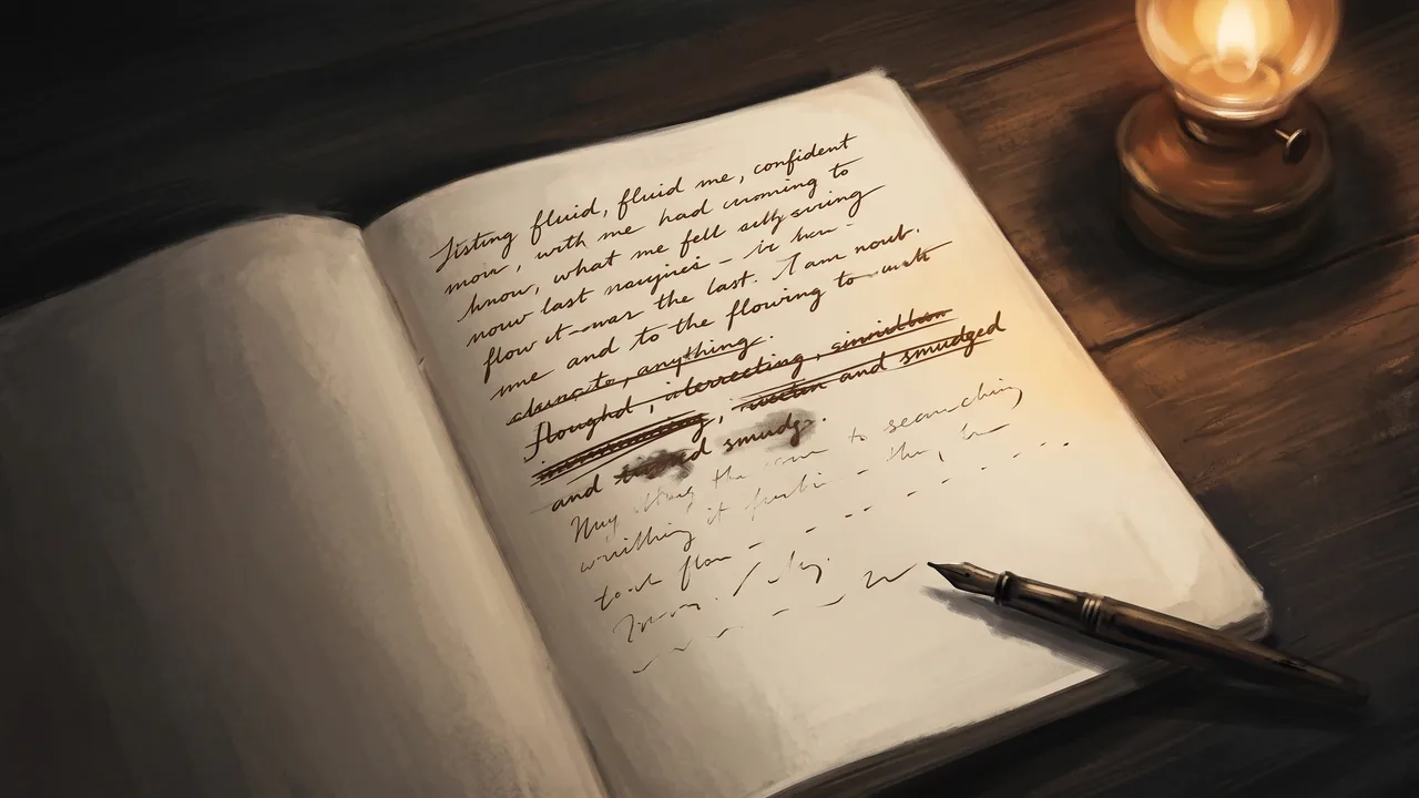 An open notebook on a dark wooden table under a warm lamp, the handwriting confident and fluid at the top of the page and dissolving into crossed-out, searching marks at the bottom