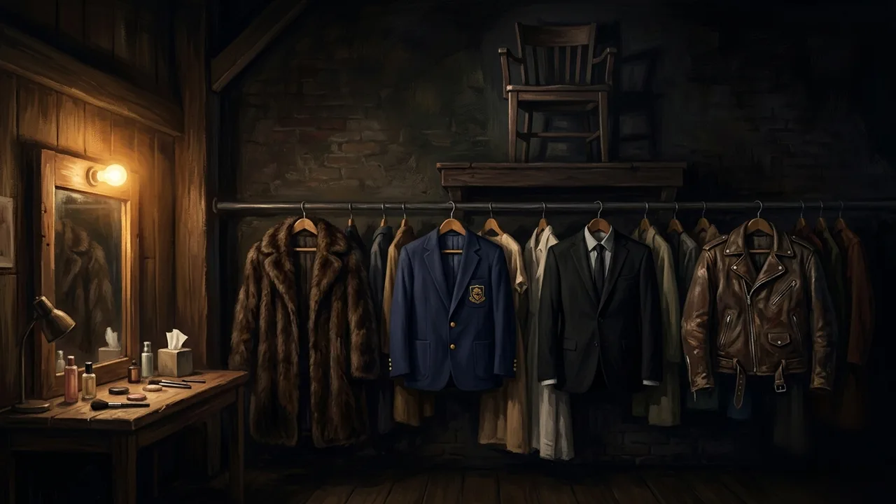 A dark theatrical dressing room with a rail of very different costumes hanging in a row, a heavy fur coat, a school blazer, a sharp dark suit and a battered leather jacket, and above them on a shelf a single empty wooden chair that nobody is sitting in