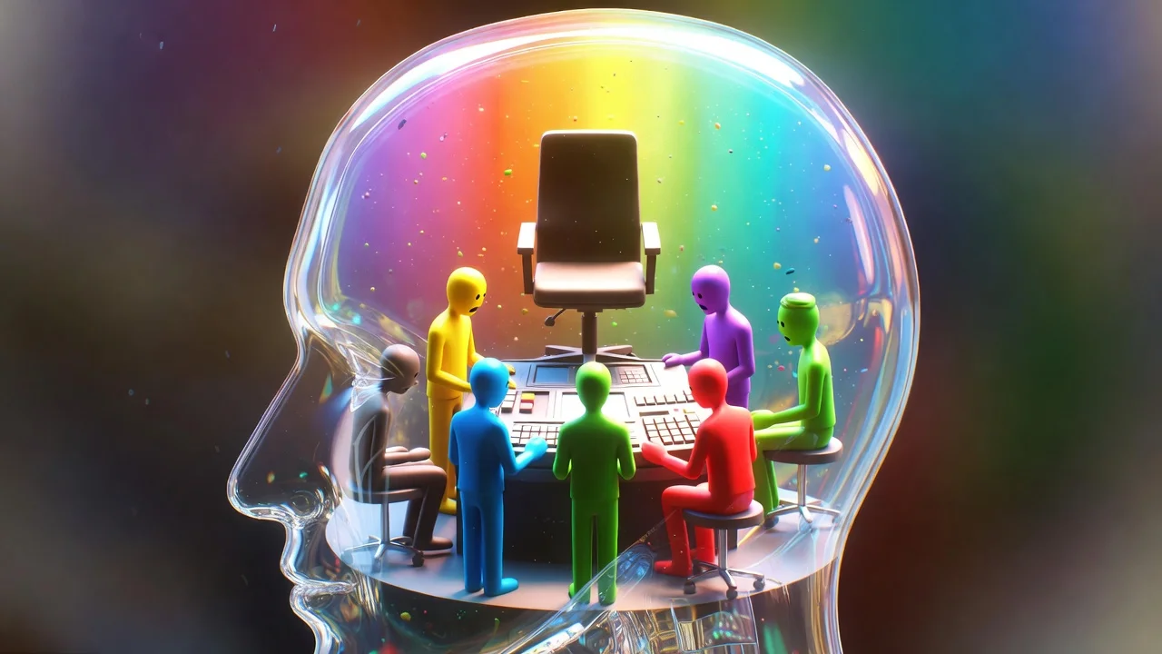 A transparent glass head containing a control console crowded with small coloured figures all reaching for the controls, and behind them a large empty chair that nobody is sitting in