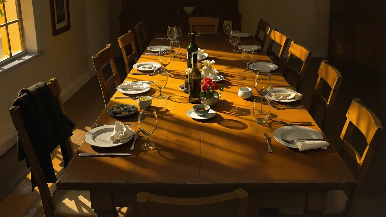 A long wooden dinner table in warm evening light, most places cleared and the chairs pushed back, a dark coat left over one chairback