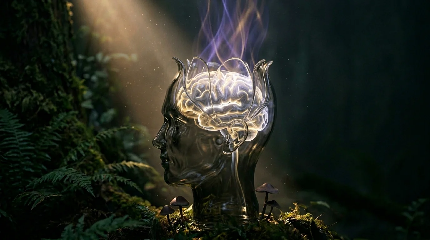 A translucent crystalline brain on a forest floor with soft tendrils of light radiating outward, symbolizing psychedelic-induced changes in personality and brain connectivity
