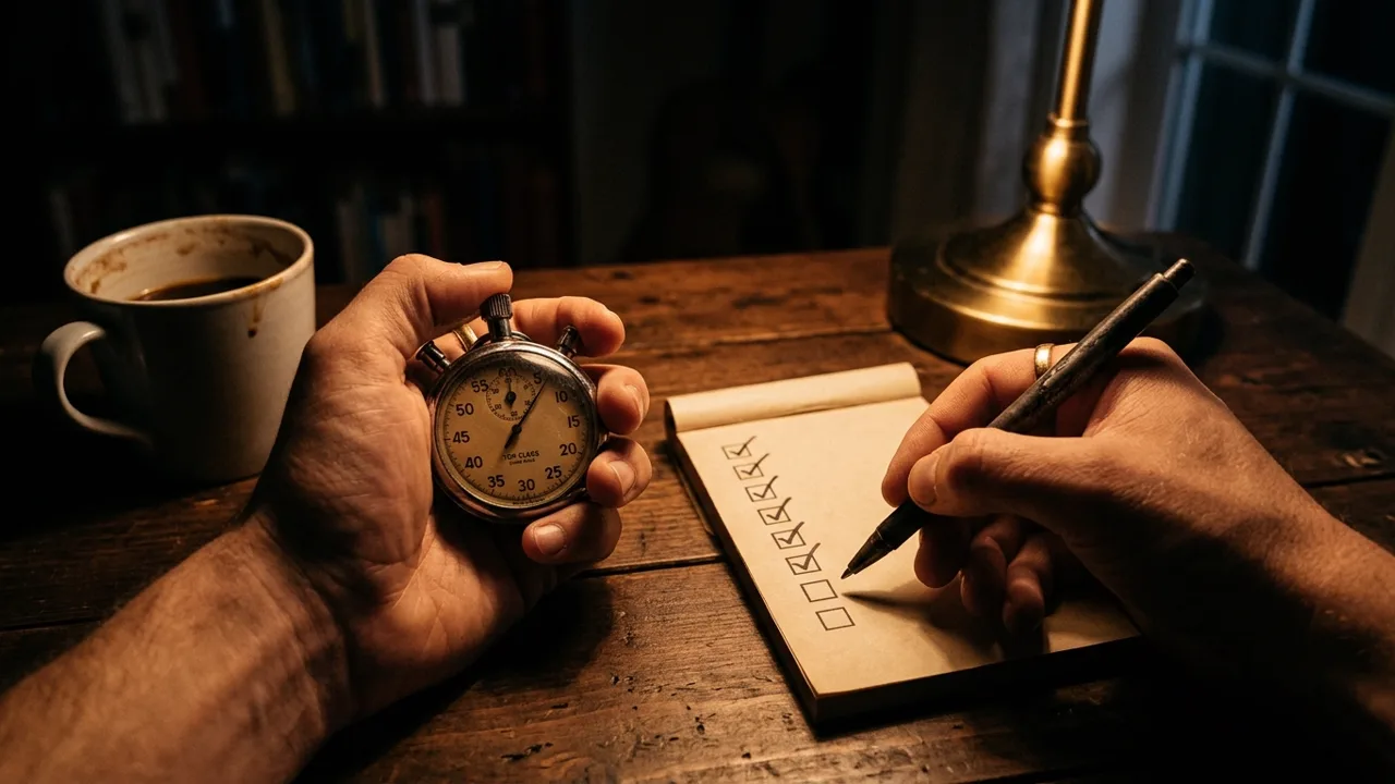 Two hands at a lamplit desk at night: one grips an old stopwatch, the other holds a pen over a checklist with every box ticked but the last two, beside a half-drunk cup of coffee