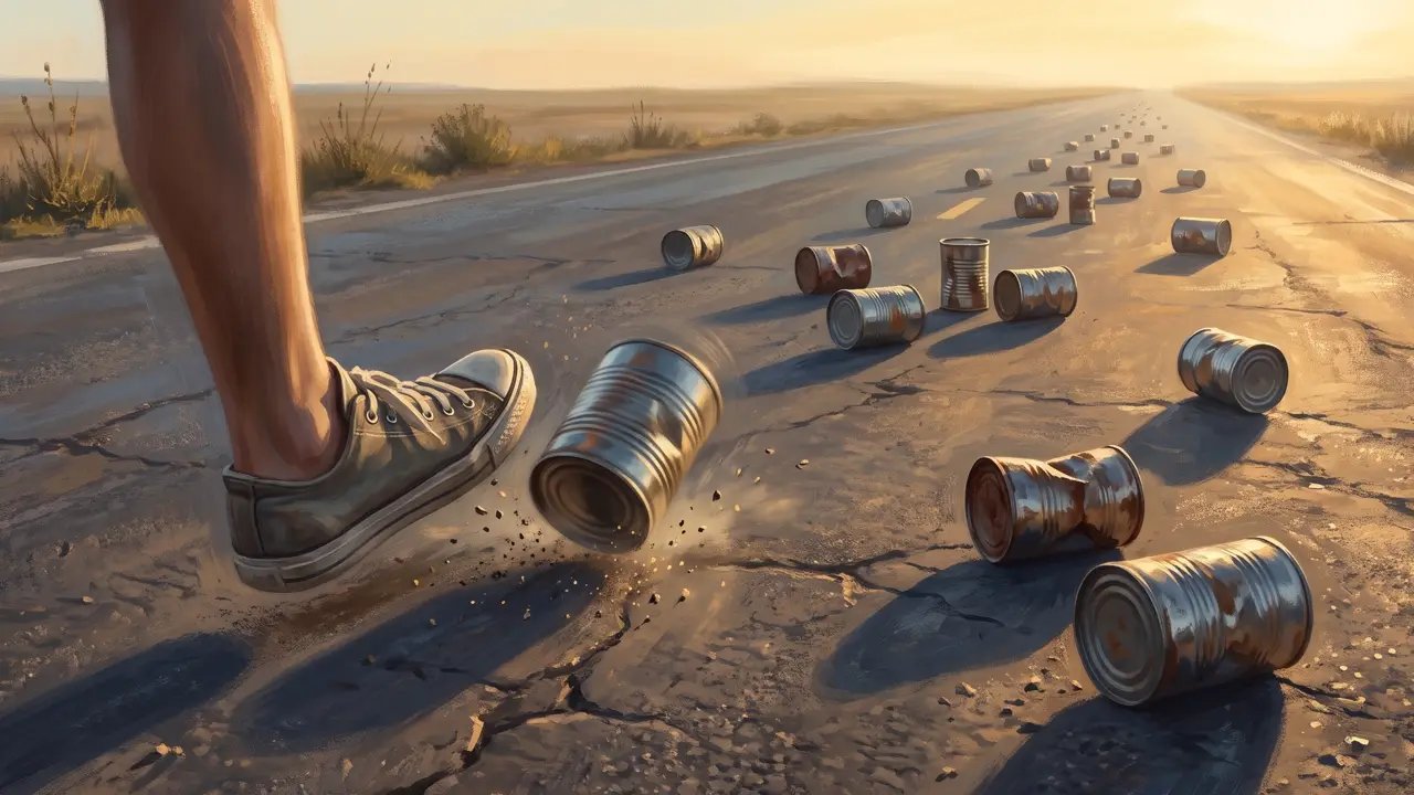 A sneaker mid-kick sends a tin can tumbling down an empty road at sunset, with dozens of earlier-kicked cans scattered toward the horizon