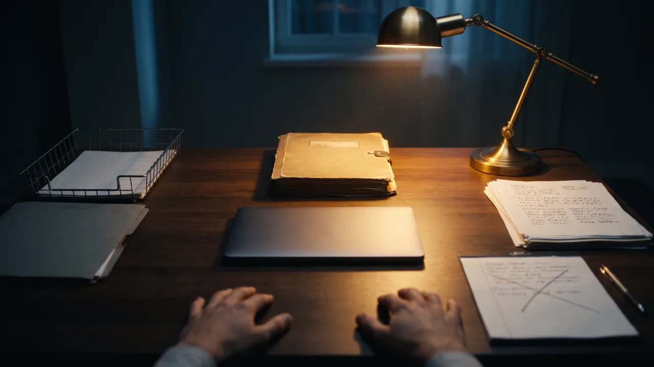 A desk at night with every small task finished and stacked, one thick folder lit by the lamp in the middle, and two hands resting on the desk just short of it