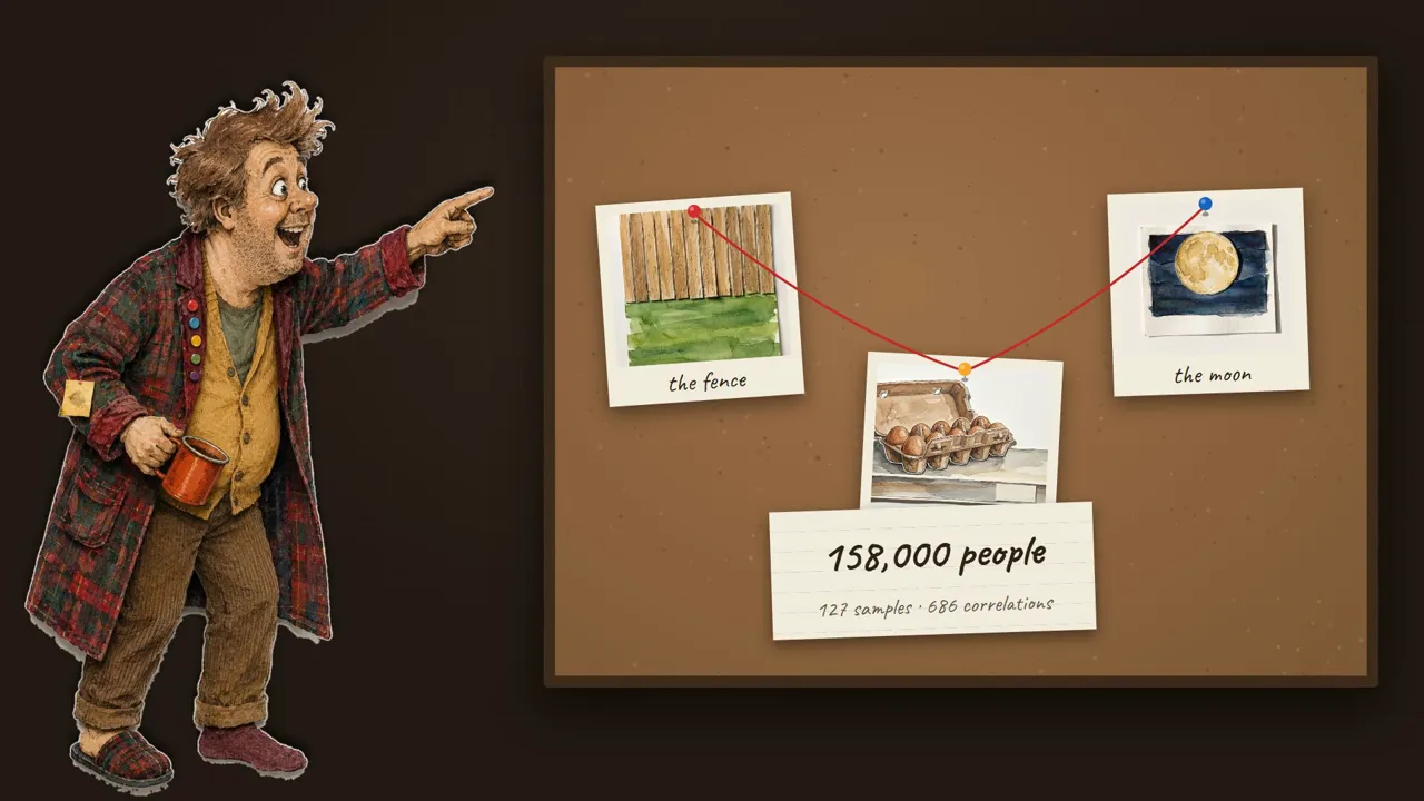 A man in a plaid dressing gown pointing at a wall of red string, drawn as papercut collage
