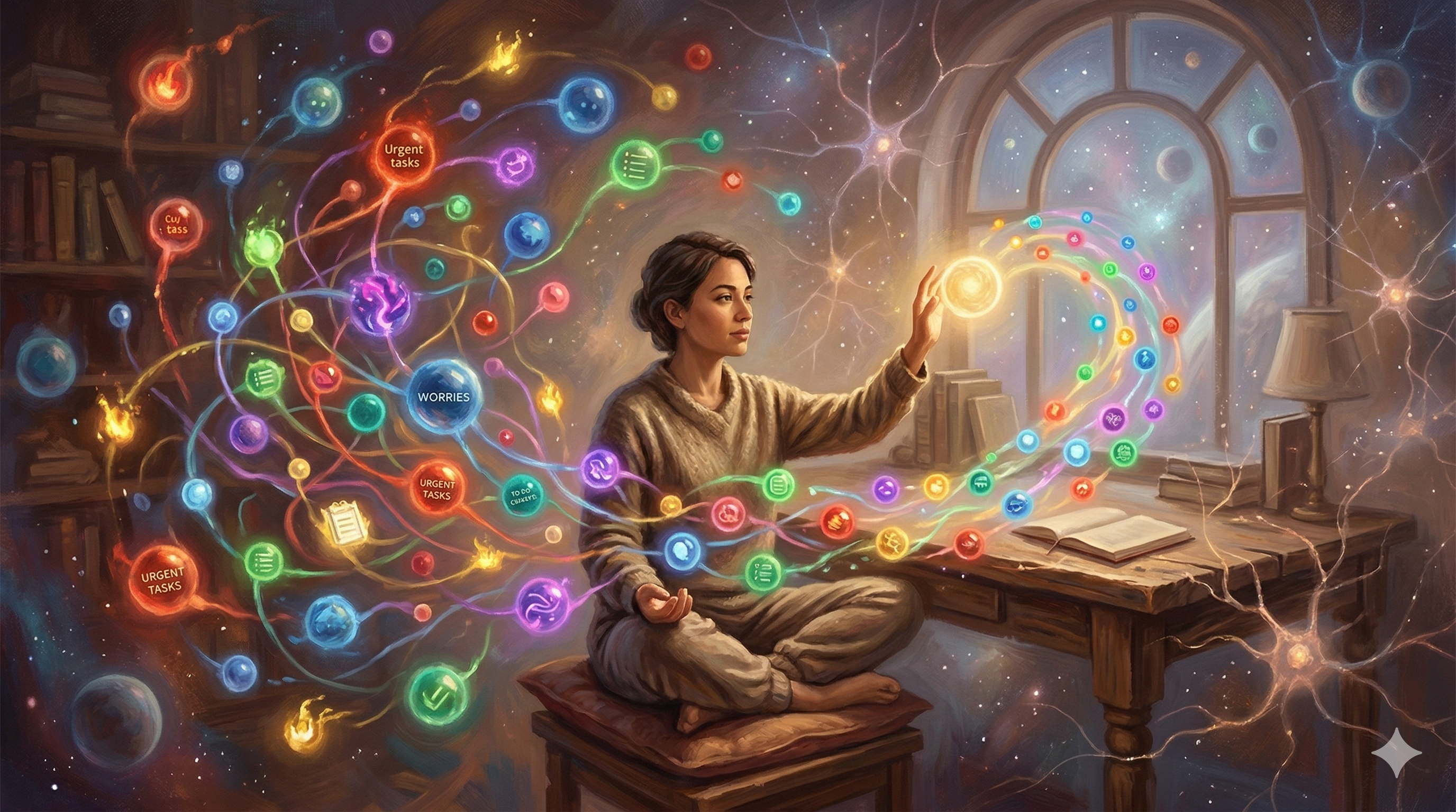 Cinematic illustration representing Internal Family Systems therapy applied to the ADHD mind, showing a person surrounded by colorful thought-orbs finding calm through Self-energy