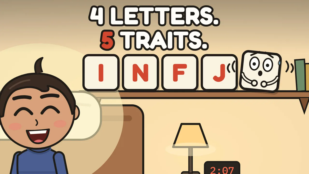 Four letter tiles reading INFJ on a shelf, with a nervous blank fifth tile beside them, captioned 4 letters, 5 traits